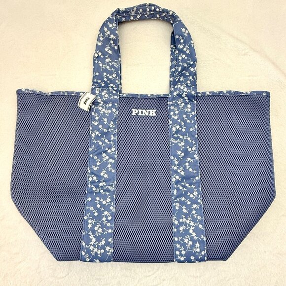 Pink Victoria Secrets 3/4 Zip Top Shopping Tote Mesh Floral Blue White - Picture 1 of 11